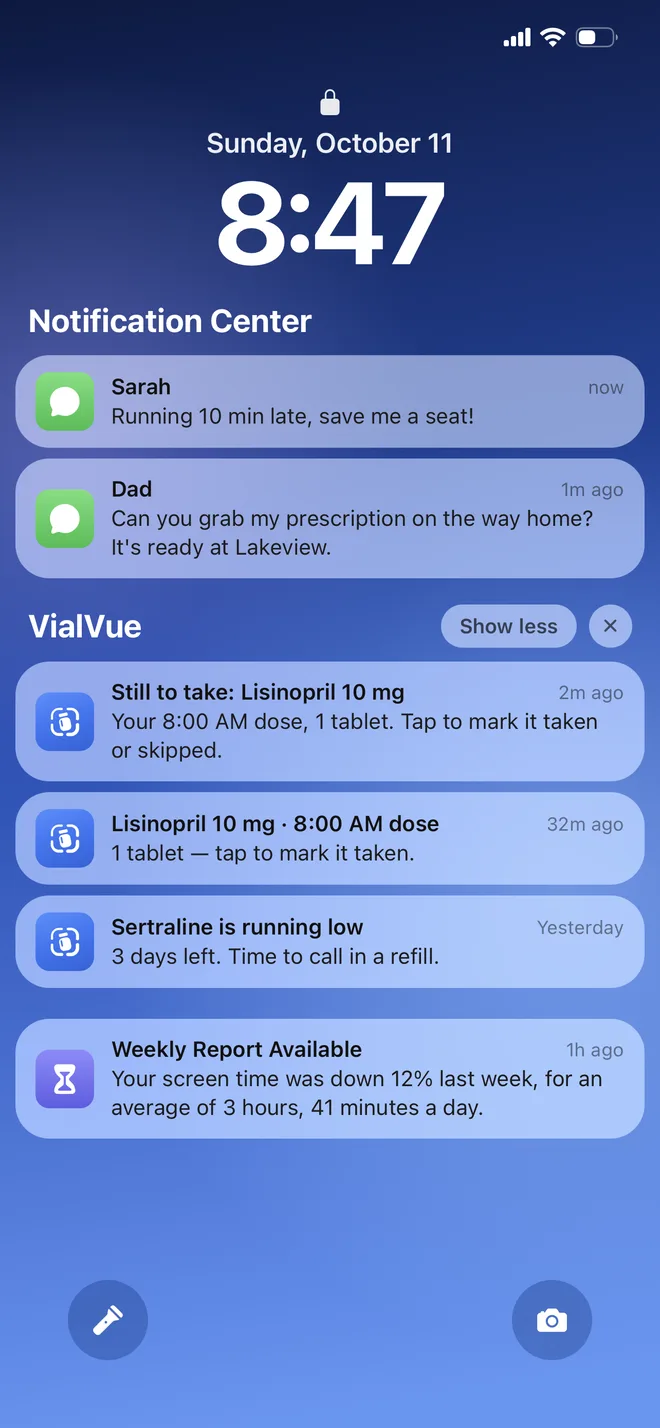 iPhone lock screen with VialVue notifications: an 8:00 AM Lisinopril reminder, a follow-up half an hour later, and an alert that Sertraline is running low